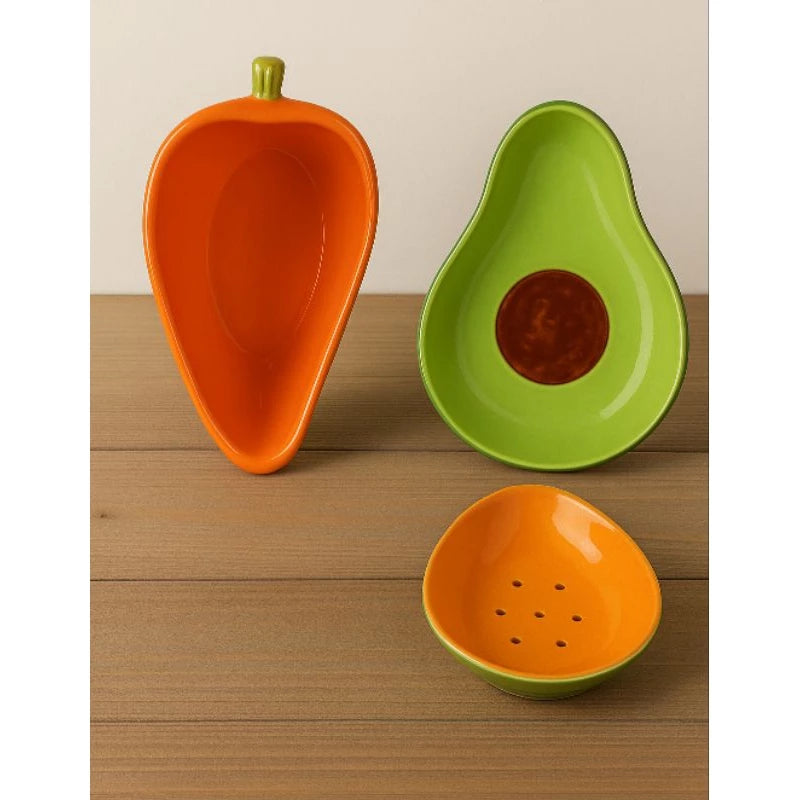 Kit de 3 Bowls Tigelas Frutas Abacate Mamão Cenoura em Cerâmica